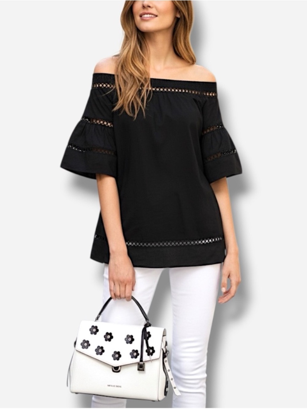 Michael Kors Black Off-Shoulder Lace-Trim Blouse